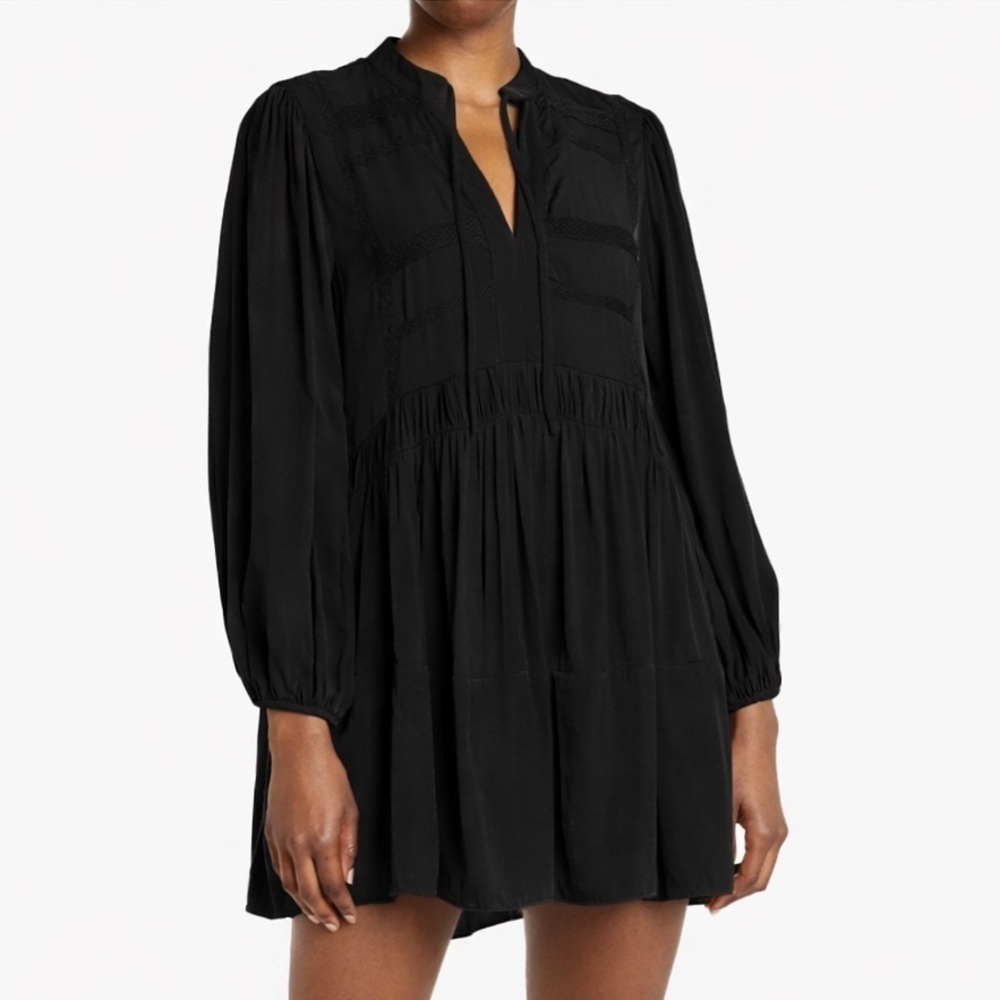 Women’s Black Long Sleeve Mini Tiered Shirt Dress Size Small Classic Minimalist